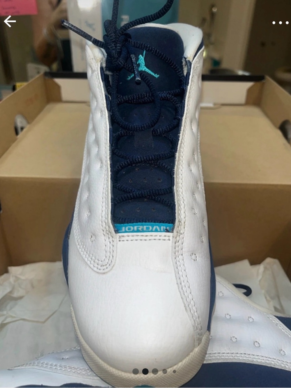 Jordan Retro 13 White and Navy Basketball Sneakers with Teal Accent